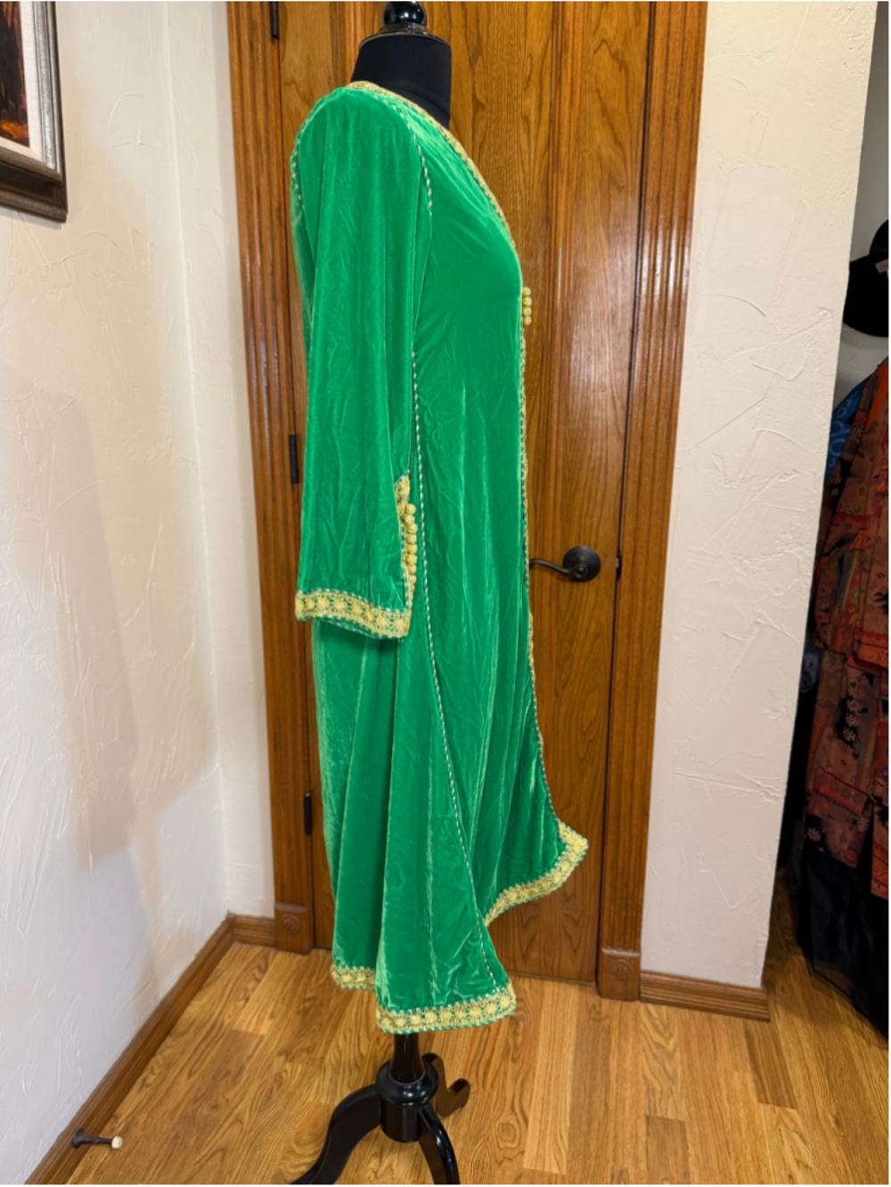 Emerald Green Velvet Kaftan Caftan Gold Metallic Trim Small - Picture 5 of 10